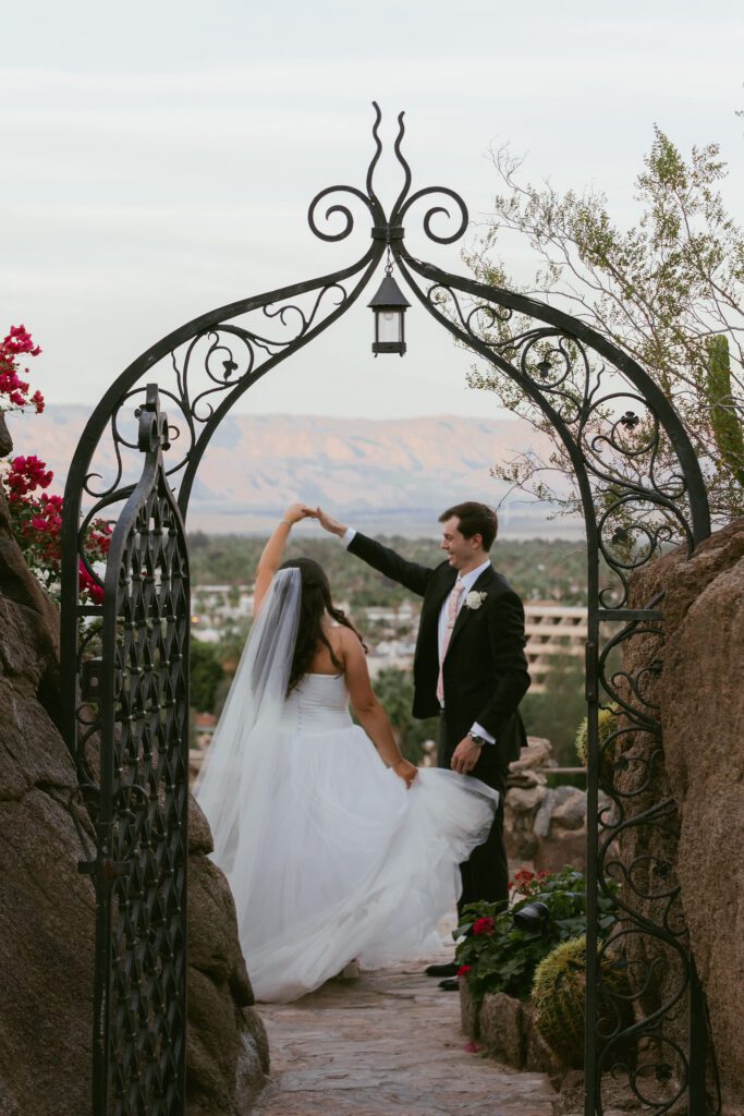 Sunset bride and groom portraits at O’Donnell House in Palm Springs