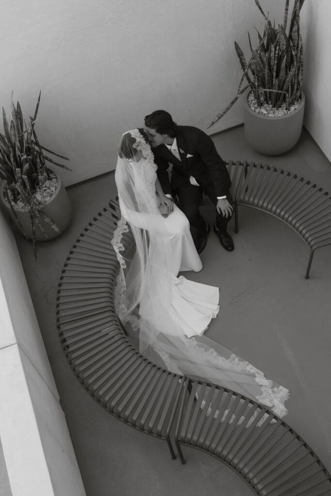 Candid first look moment between the bride and groom during a Palm Springs wedding at The Drift Palm Springs.