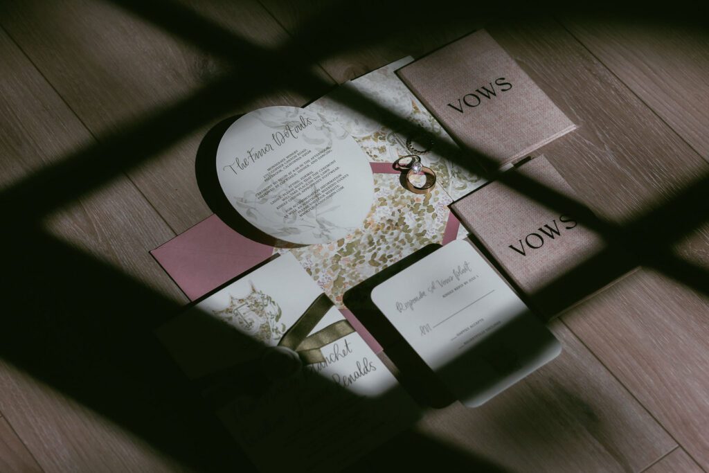 Luxury wedding invitation suite with elegant paper goods and styling photographed at Monserate Winery.