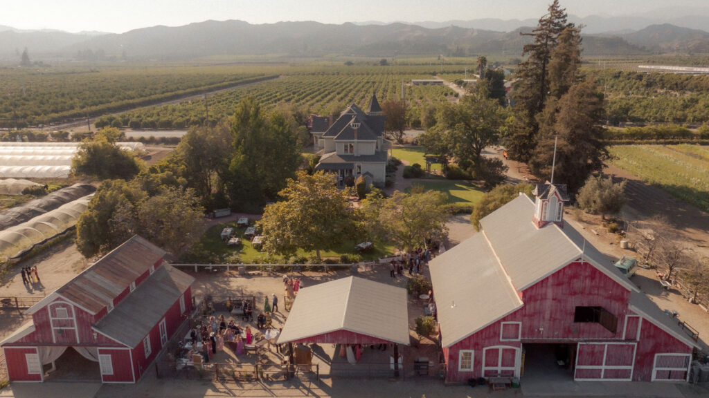 Drone view of Faulkner Farm wedding venue in Santa Paula, California.